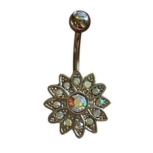 NWT 14G 316L Stainless Steal Flower Diamond Belly Button Ring - Hypoallergenic